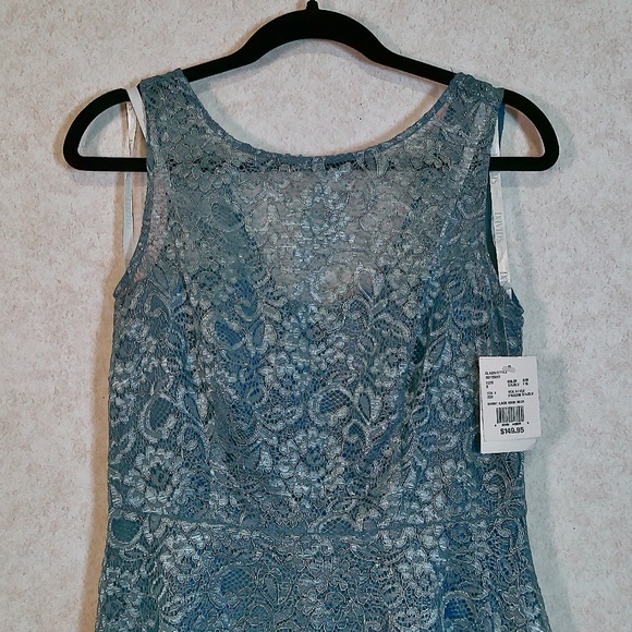 NWT David’s Bridal Steel Blue Short Lace Dress High Neck,V-Back, Lined Size 8 - Picture 2 of 16